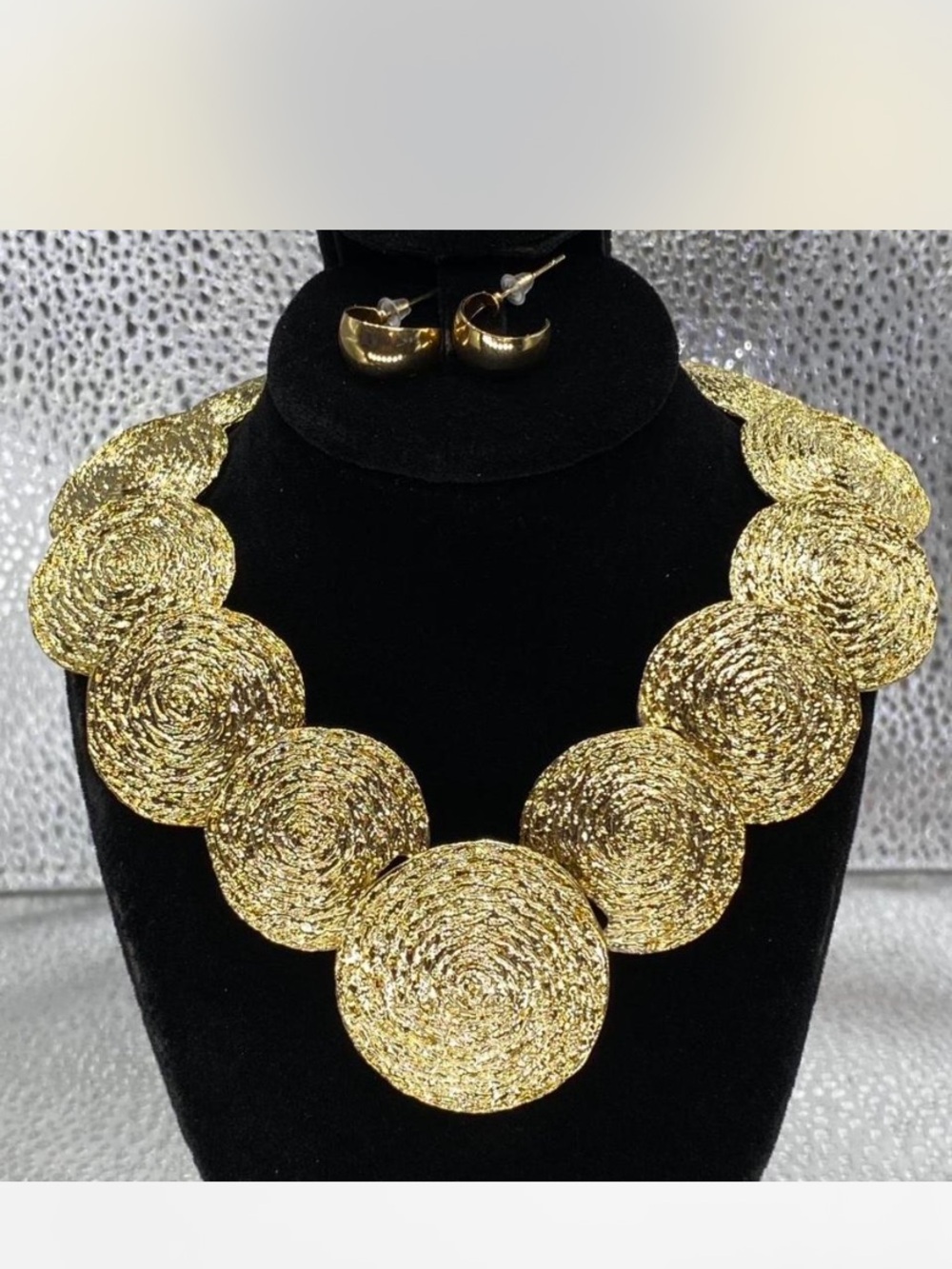 Statement ^^^ Gold Statement Spiral Disc Necklace /  Hoop Earrings  *^*